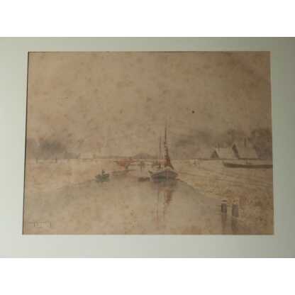 Aquarelle Péniche Sur Canal Enneigé, Ivan Ivanovitch Kowalski, 1904