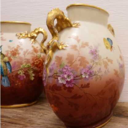 Jean Pouyat, Paire De Vases Fleurs Et Mésanges, Porcelaine De Limoges, XIX ème