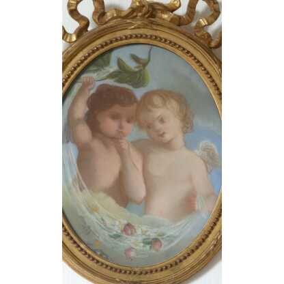 Pastel XIX ème, Deux Angelots Signé Cécile Boisard, 1863, Cadre Louis XVI