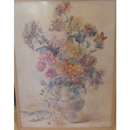 Bouquet De Chrysanthèmes, Aquarelle Signée Mathilde Levant