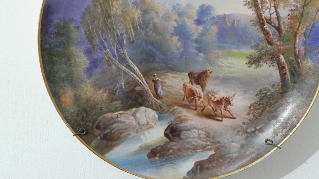 Tableau En Porcelaine Peint à La Main, Vaches Dans Paysage Bucolique, époque XIX ème