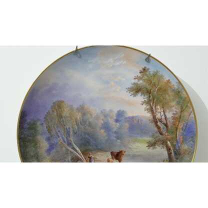 Tableau En Porcelaine Peint à La Main, Vaches Dans Paysage Bucolique, époque XIX ème
