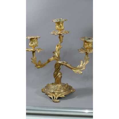 Paire De Chandeliers Rocaille Louis XV En Bronze Doré à 3 Feux, époque XIX ème