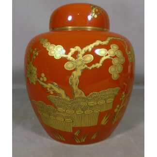 Bernardaud Séoul, Potiche Couverte En Porcelaine De Limoges Rouge Et Or