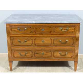 Commode Louis XVI En Noyer Et Marqueterie , Plateau Marbre Gris, époque XVIII ème