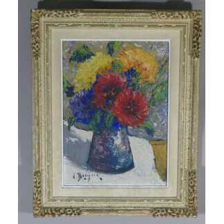 Nature Morte, Bouquet De Fleurs, Huile Sur Isorel, Signé, époque Milieu XX ème