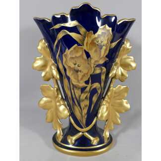 Limoges, Porcelaine Bleu De Four Et Or, Vase Aux Tulipes, Manufacture Michelaud, Début XX ème