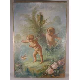 Tableau, Huile Sur Bois, Putti Jouants Et l Oiseau, époque Vers 1900