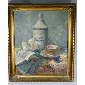 Nature Morte à La Tasse De Thé, Bouquet, Livre Et Pot De Pharmacie, Signée Hl Robert