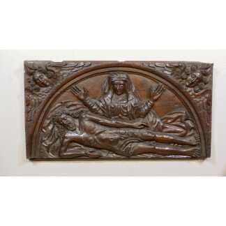 Piéta, Très Grand Panneau Religieux En Chêne Sculpté XVIII ème, Vierge Marie Et Le Christ
