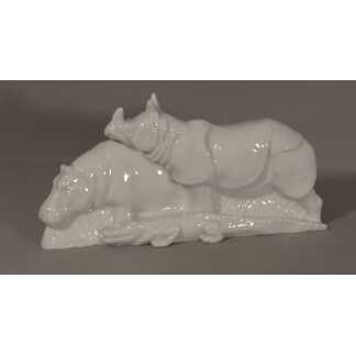 Groupe Aux Animaux d'Afrique En Porcelaine De Limoges, Hippopotame, Rhinocéros Et Crocodile