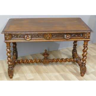 Bureau Plat De Style Renaissance Louis XIII En Chêne Massif, époque Fin XIX ème