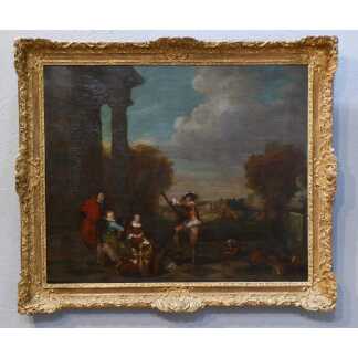 La Leçon De Musique Sur La Terrasse, Huile Sur Toile XVIII ème, Cadre En Chêne Sculpté