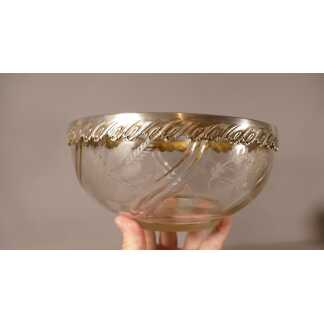 Saladier En Cristal Gravé De Fleurs Et Feuillages, Cerclé Métal Argenté, XIX ème