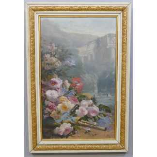 Pierre Bourgogne (1838-1904), Tableau Huile Sur Toile Jeté De Fleurs Et Paysage De Ruines