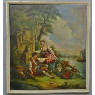 Grand Tableau Couple Galant à La Fontaine, Huile Sur Toile XIX ème