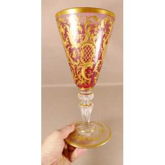 Grand Vase Cornet En Cristal Givré Et Doré à l'Or Fin, Saint Louis, XIX ème Siècle
