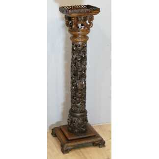 Colonne Sellette Indochinoise En Bois De Palissandre Sculpté Et Ajouré, Dragon... XIX ème