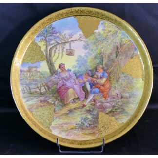 Les Amours Pastorales d'Après Boucher, Grand Plat En Porcelaine Peint Main, Incrustation Or
