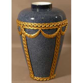 Vase En Faïence Bleu Gris Moucheté Granit Et Bronze Doré, époque XIX ème