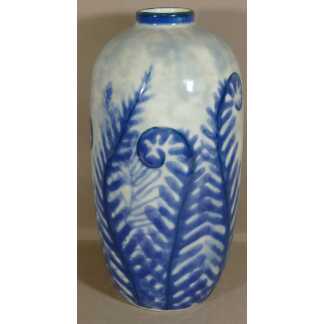Camille Tharaud, Grand Vase Art Déco Fougères Bleues En Porcelaine De Limoges