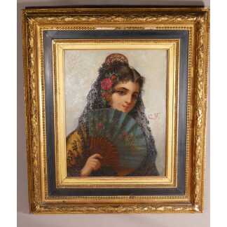 Portrait d'Une Andalouse, Sévillane, à La Mantille Et à l'éventail, époque XIX ème