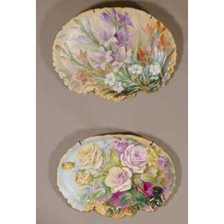 Roses Et Glaieuls, Paire De Plats En Porcelaine Peinte à La Main Par Sénamaud, Fin XIX ème