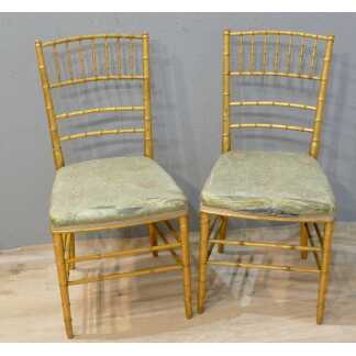 Paire De Chaises Bambou De Chambre En Bois Doré Et Soie, époque Napoléon III