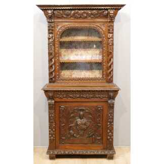 Cabinet Vitrine à La Déesse Des Arts Et De La Science Athéna, Chêne Sculpté Style Renaissance