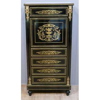 Secrétaire De Dame Napoléon III En Bois Laqué Noir Et Marqueterie De Laiton, XIX ème