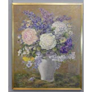 Delphiniums, Roses Et Campanules, Claude Chantereau, Tableau Peinture à l'Huile Sur Toile