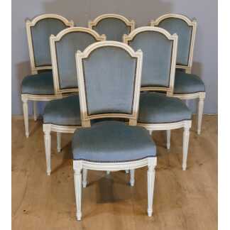 6 Chaises Louis XVI En Bois Laqué Et Velours, époque 1960