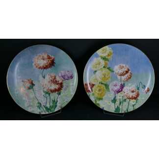 Pavots Et Roses Trémières, Paire De Grands Plats En Porcelaine De Limoges, Delinières Fin XIX