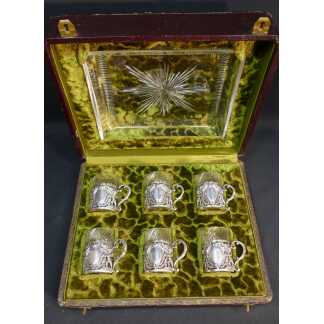 6 Verres à Liqueur Et Plateau En Cristal Et Argent Massif Aux Angelots, Fin XIX ème