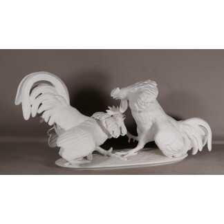 Combat De Coq, Sculpture En Biscuit De Porcelaine Par Szabo Zoltan, époque XX ème