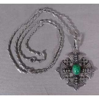 Pendentif Ancien, Croix De Jérusalem En Argent Massif, Cabochon Vert