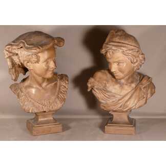 Le Rieur Et La Rieuse Napolitain, Rare Paire De Bustes d'Après Carpeaux En Terre Cuite, XIX ème