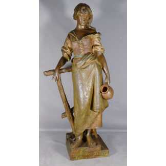 Ernst Borsdorf, Femme à La Cruche, Grande Sculpture En Terre Cuite Polychrome, époque XIX ème