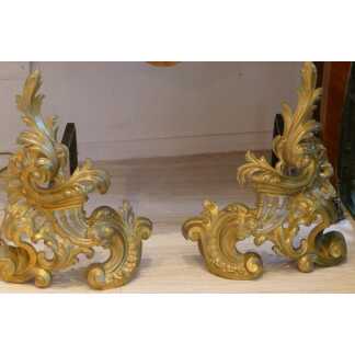 Paire De Chenets Louis XV Rocaille En Bronze Doré, époque XIX ème