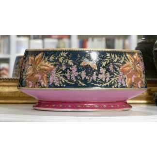 Grande Jardinière Ovale En Porcelaine Peinte Main, Décor Fleurs En Papillons, XIX ème