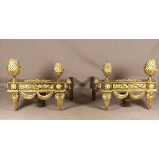 Paire De Chenets Louis XVI Néoclassiques En Bronze Doré Et Fer Forgé, époque Début XIX ème