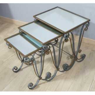 3 Tables Basses Gigognes 1940 En Fer Forgé Et Miroir Dans De Goût De Subes Ou Poillerat