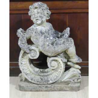 Statue l'été Au Putti Sur Acanthe En Pierre Reconstituée, Décoration De Jardin, 1960