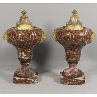 Paire De Cassolettes Urnes En Marbre Et Bronze, Mufles De Lion, époque Napoléon III
