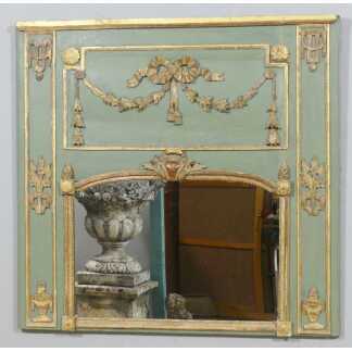 Trumeau De Boiserie d'époque Louis XVI En Bois Sculpté Doré à La Feuille Et Laqué Vert, XVIII è