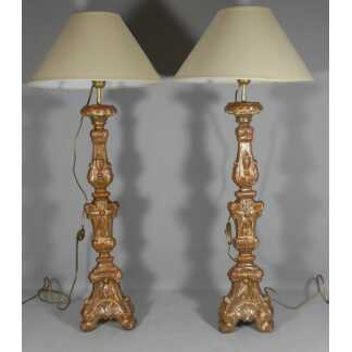 Paire De Lampes XVIII ème En Bois Sculpté Doré, Pique Cierges, Italie