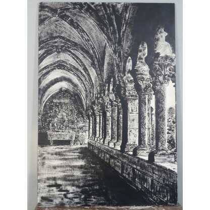 Le Cloître De l'Abbaye, Très Grand Tableau En Noir Et Blanc Peint Sur Bois, époque Fin XX ème