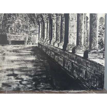 Le Cloître De l'Abbaye, Très Grand Tableau En Noir Et Blanc Peint Sur Bois, époque Fin XX ème – Image 8