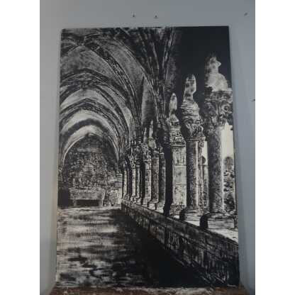 Le Cloître De l'Abbaye, Très Grand Tableau En Noir Et Blanc Peint Sur Bois, époque Fin XX ème – Image 14