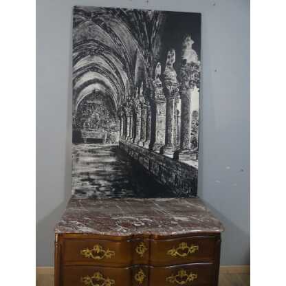 Le Cloître De l'Abbaye, Très Grand Tableau En Noir Et Blanc Peint Sur Bois, époque Fin XX ème – Image 11